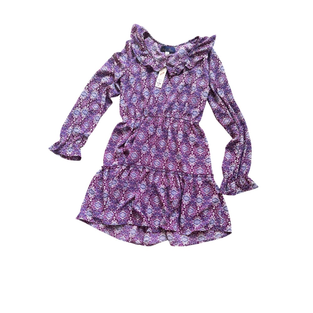 Blue Rain Francescas Purple Medallion Paisley Ruffle Mini Dress Long Sleeve M